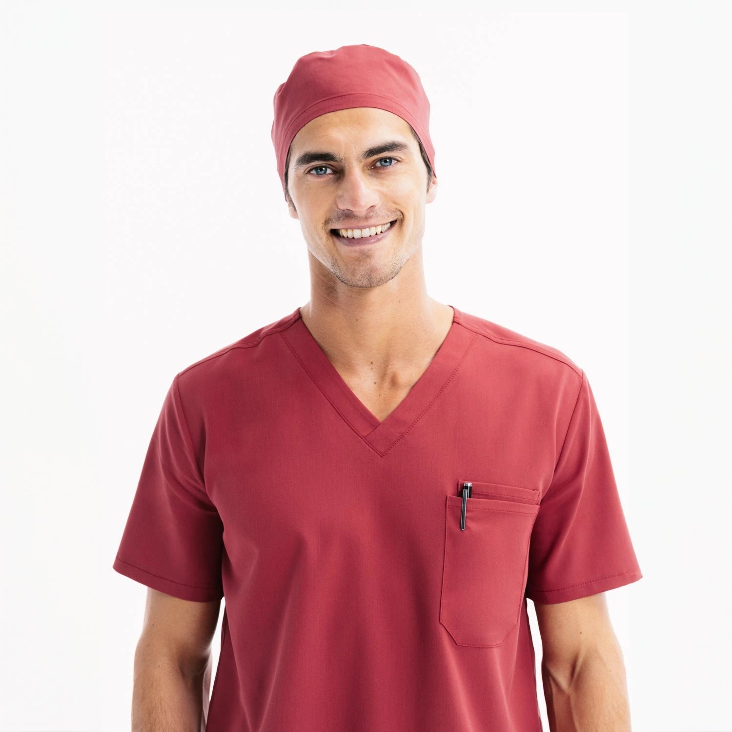Chili scrub top with front pocket and matching scrub cap