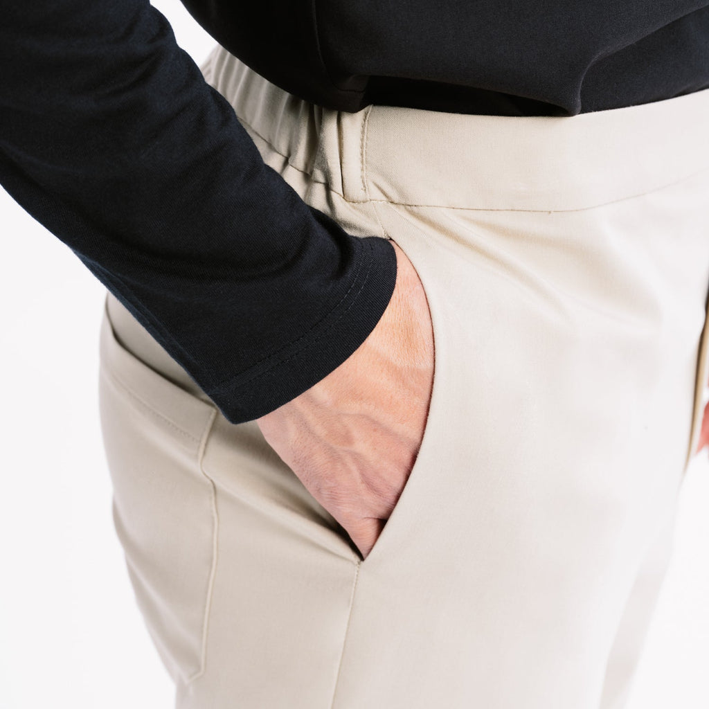 Dylan Slim marl scrub pantolon; bel ve yan cep detaylı açık bej