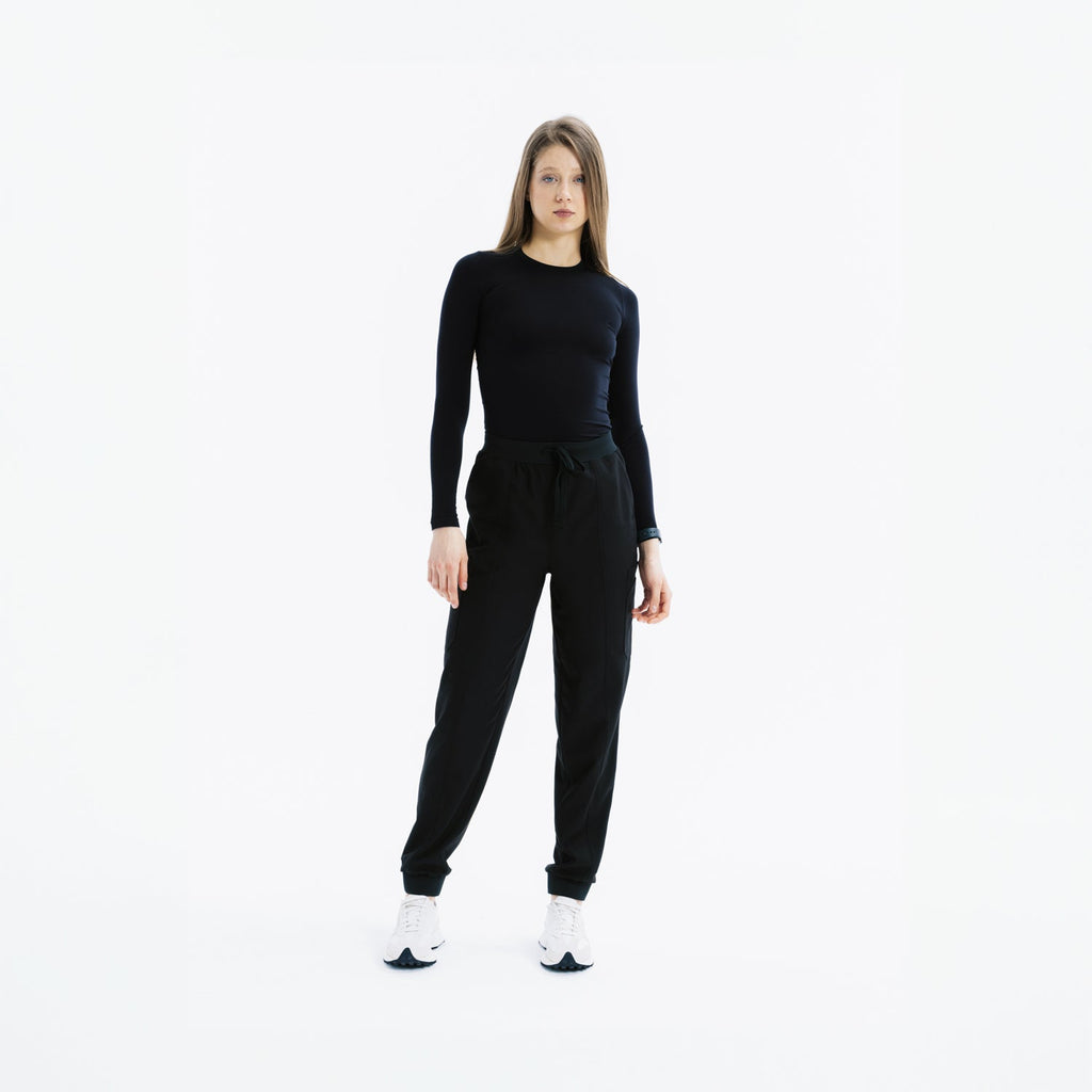 Siyah Eva jogger scrub pantolon; büzgülü bel, paça lastikleri