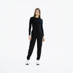 Siyah Eva jogger scrub pantolon; büzgülü bel, paça lastikleri