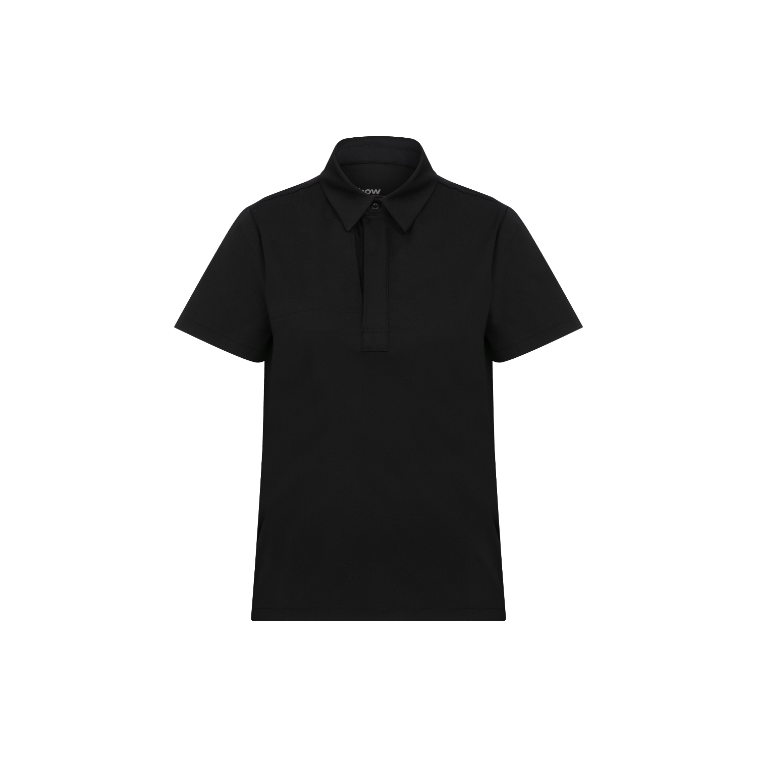 Siyah kısa kollu polo yaka scrub üst, ön plaket ve minimal dikiş detayları