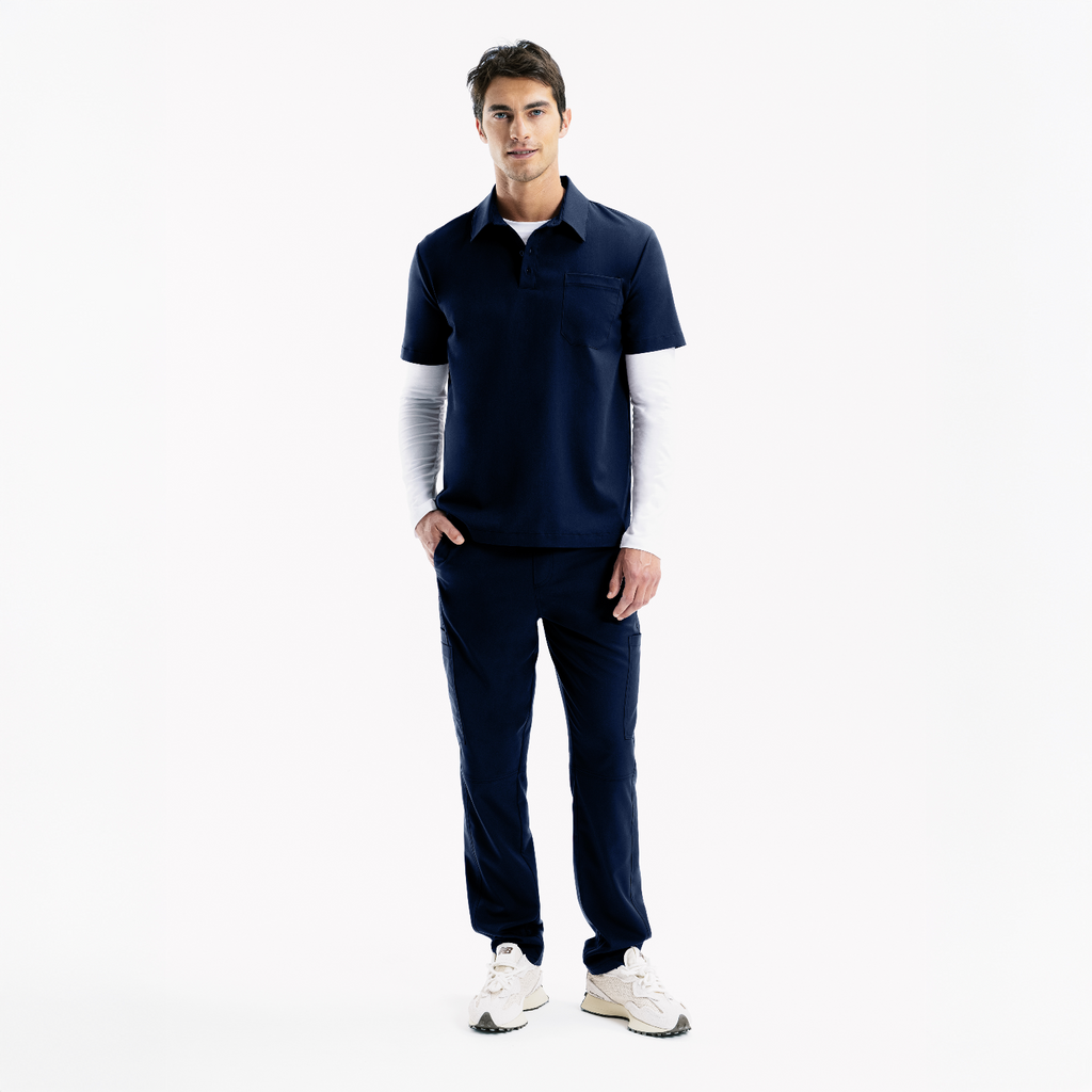 Bowie kısa kollu navy polo forma, göğüs cebi ve üç düğmeli yaka