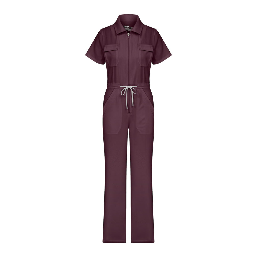 Rhow Shop bordo scrub tulum; kısa kollu ön cep ve belden bağcıklı tasarım