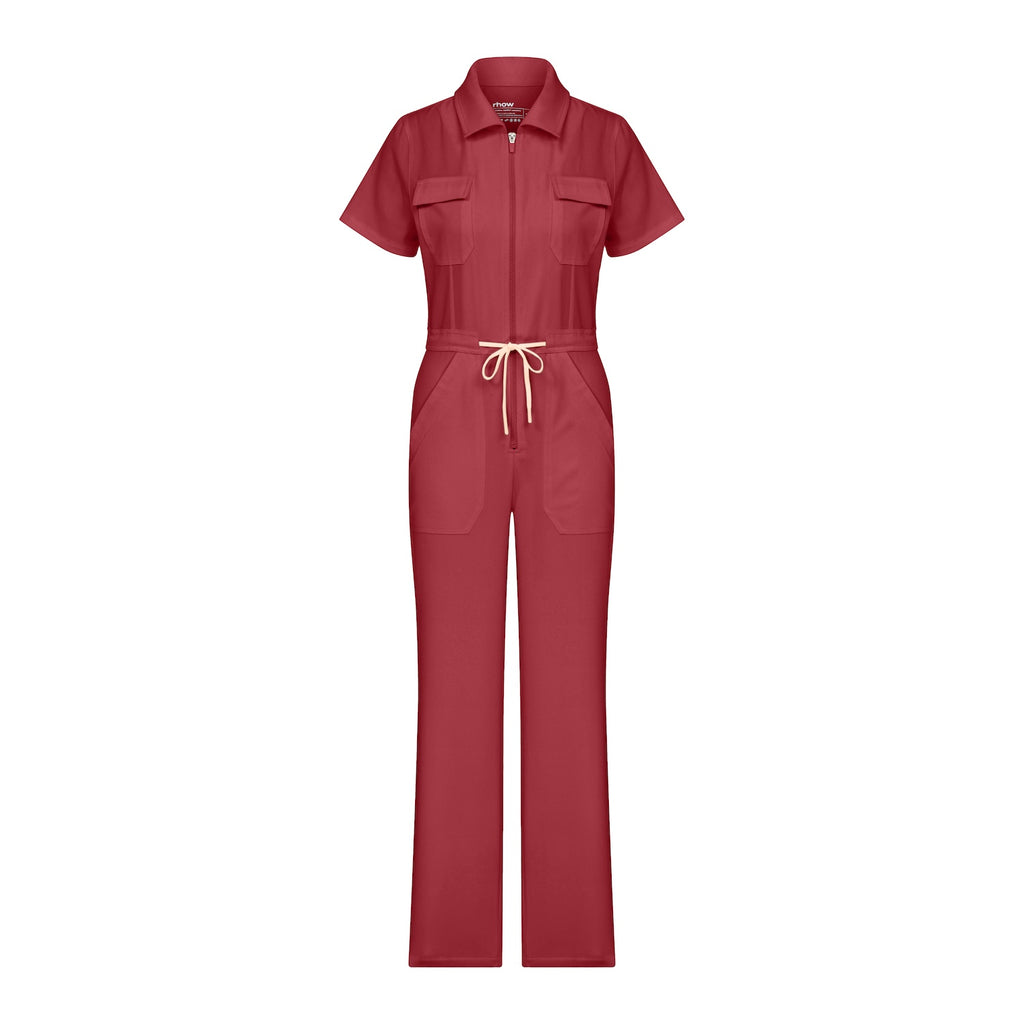 Rhow Shop bordo scrub tulum, önden fermuarlı ve bel bağcıklı
