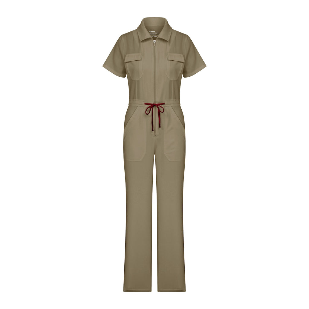 Hunter green scrub tulum, front view: short sleeves, chest pockets, red tie waist