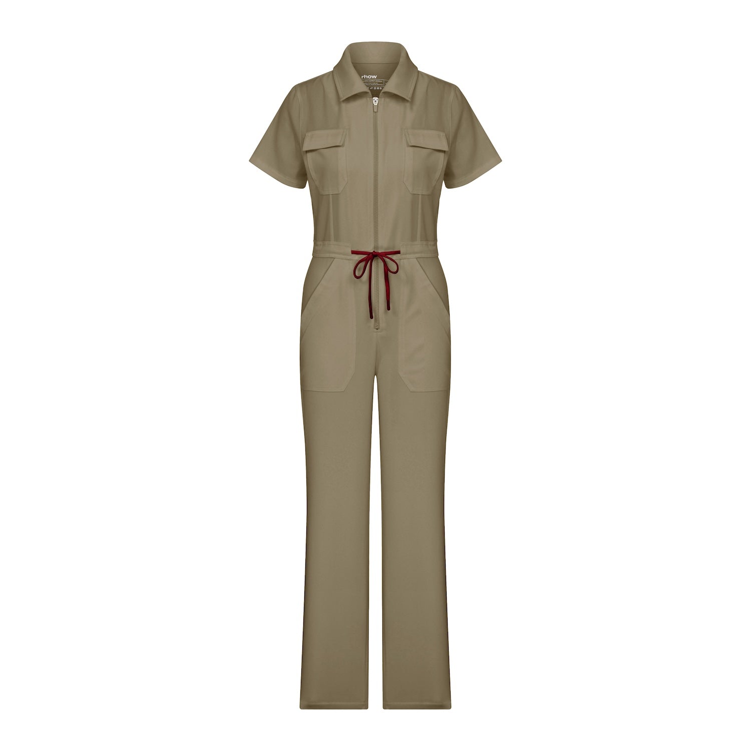 Hunter green scrub tulum, front view: short sleeves, chest pockets, red tie waist