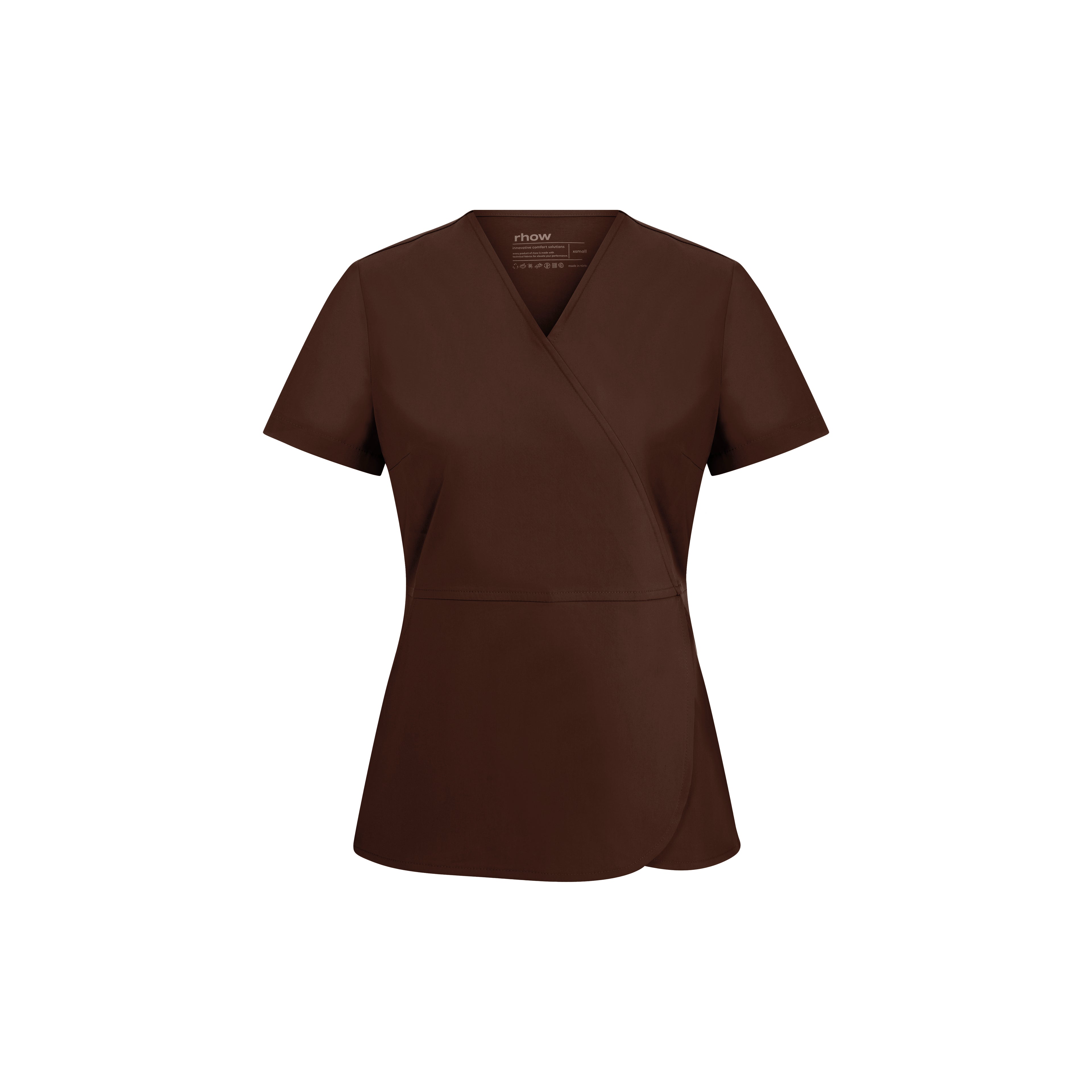 rhow Cocoa scrubs üst; V yaka, kısa kollu ve kavisli etek formu