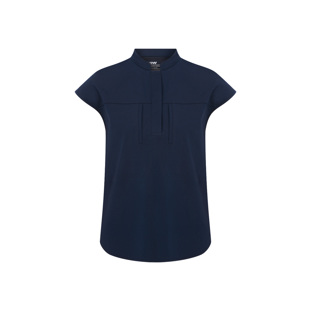 Navy Rhow Shop kolsuz scrub üst; mandarin yaka, düğmeli ön plaket ve cep