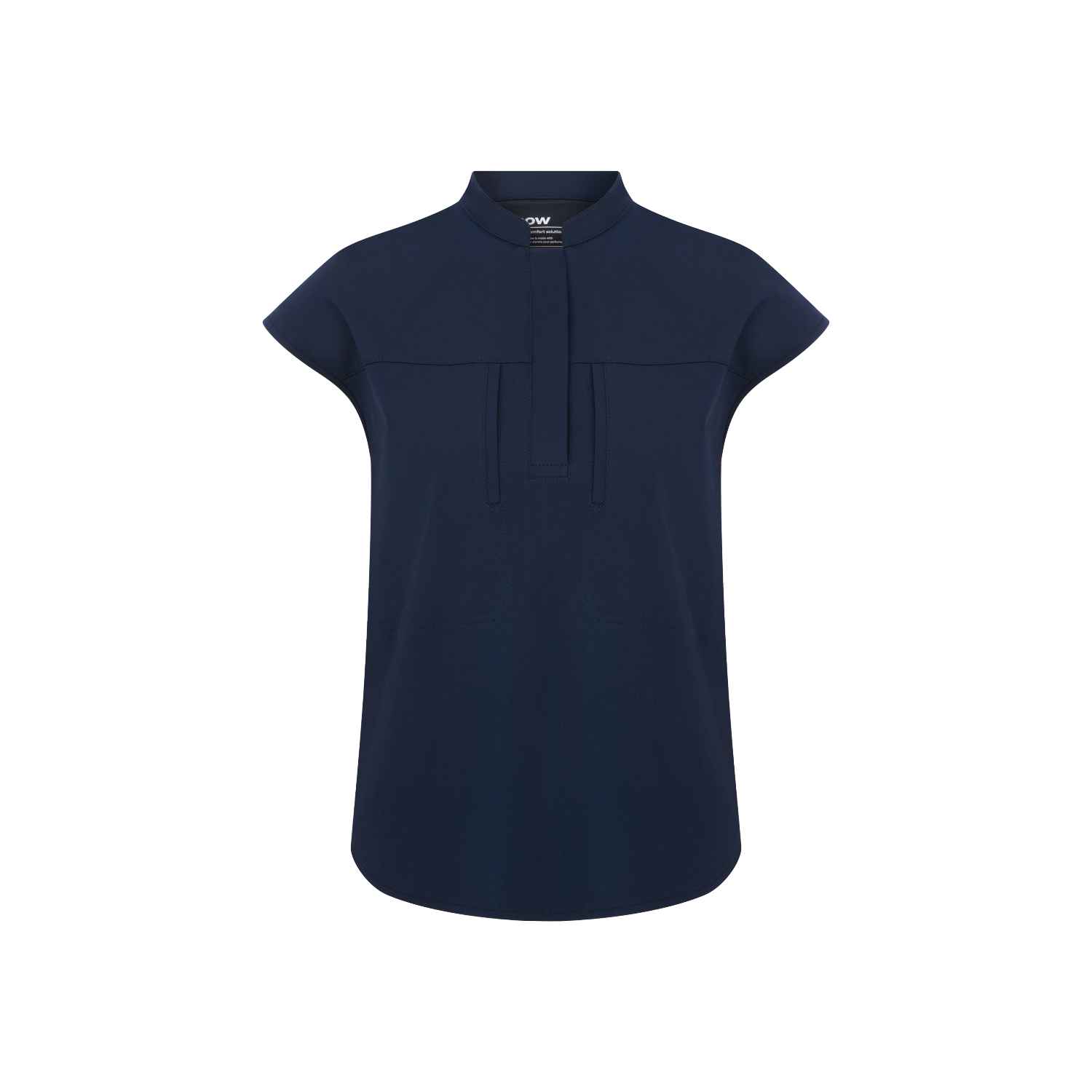 Navy Rhow Shop kolsuz scrub üst; mandarin yaka, düğmeli ön plaket ve cep