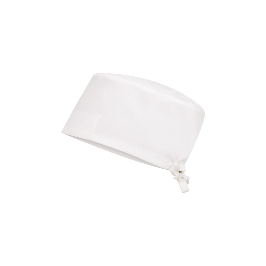 Halo scrub cap, white—side view with tied back band and rounded crown