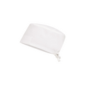 Halo scrub cap, white—side view with tied back band and rounded crown