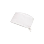 Halo scrub cap, white—side view with tied back band and rounded crown