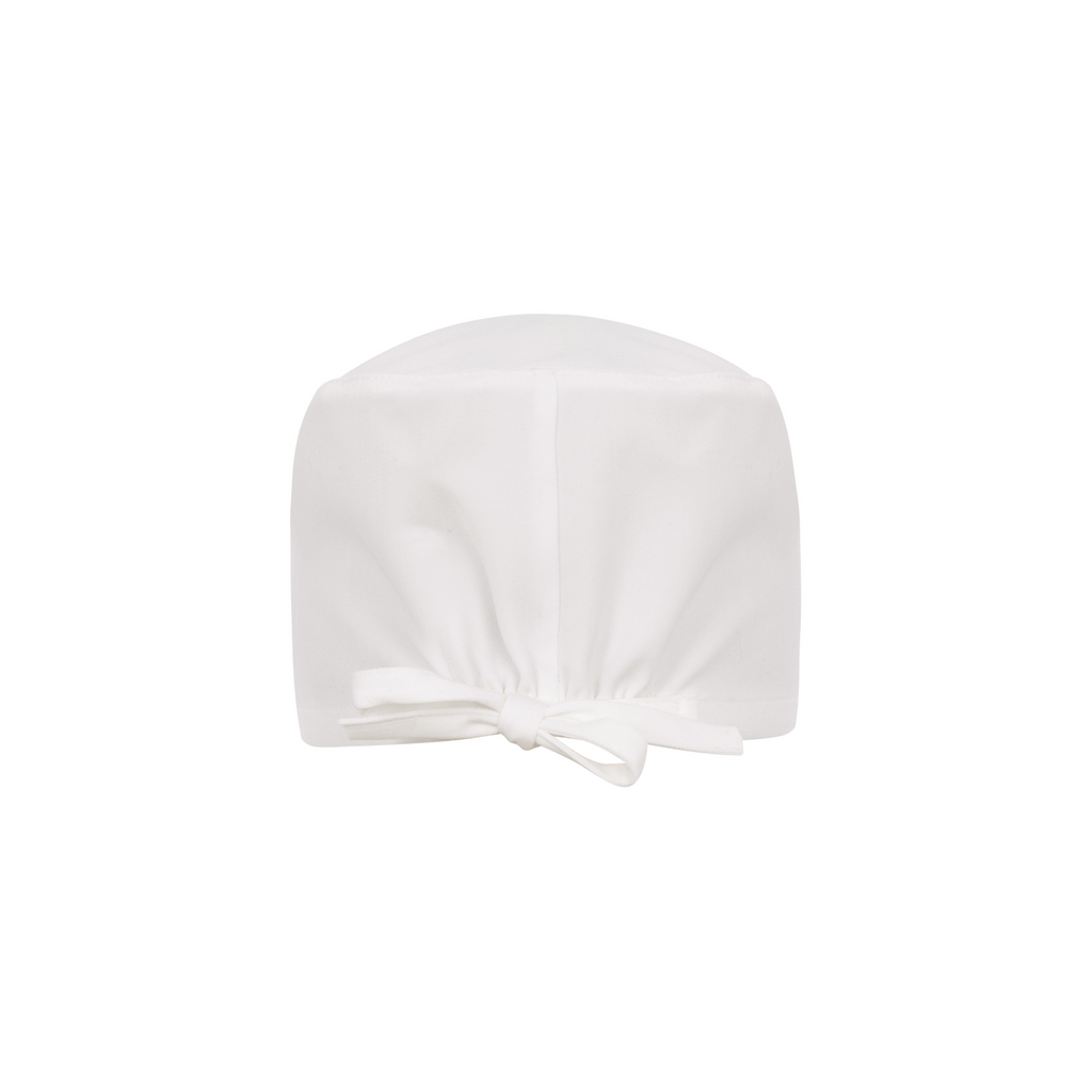Halo scrub cap, white—back view with central seam and tied band