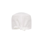 Halo scrub cap, white—back view with central seam and tied band