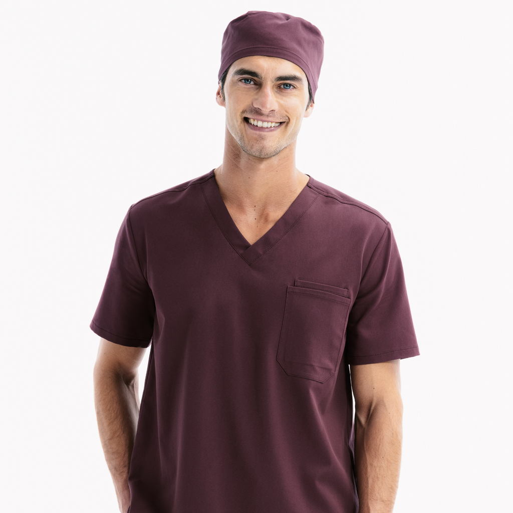 Halo scrub top in Chicory, V-neck with chest pocket and matching scrub cap