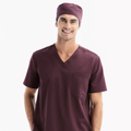 Halo scrub top in Chicory, V-neck with chest pocket and matching scrub cap