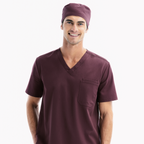 Halo scrub top in Chicory, V-neck with chest pocket and matching scrub cap