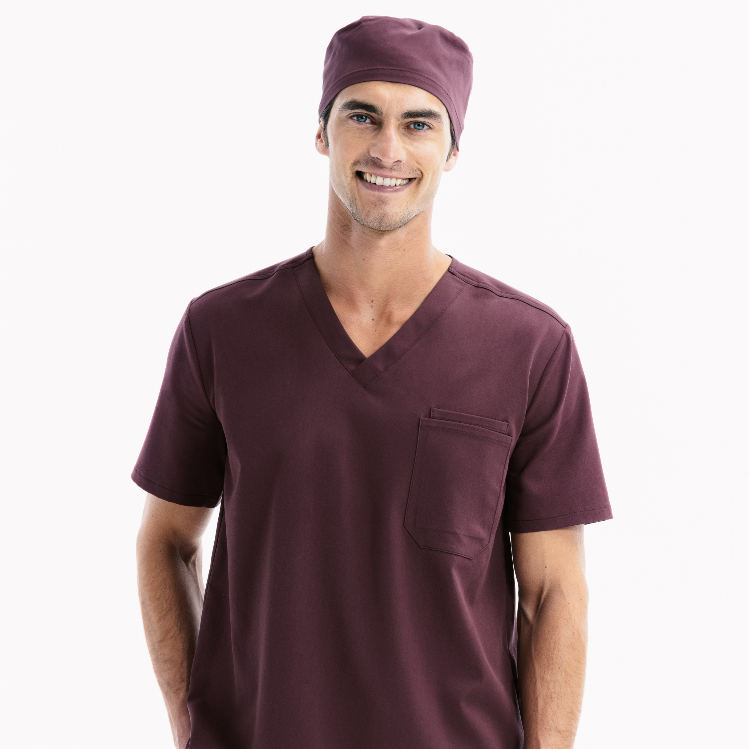 Halo scrub top in Chicory, V-neck with chest pocket and matching scrub cap